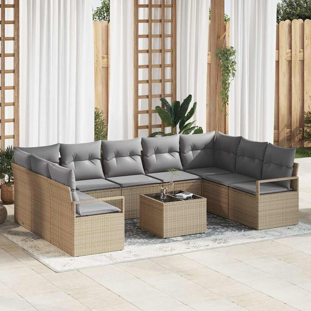 Gartensofa-set mit Kissen 10 pcs Beige und Hellgrau Poly-Rattan