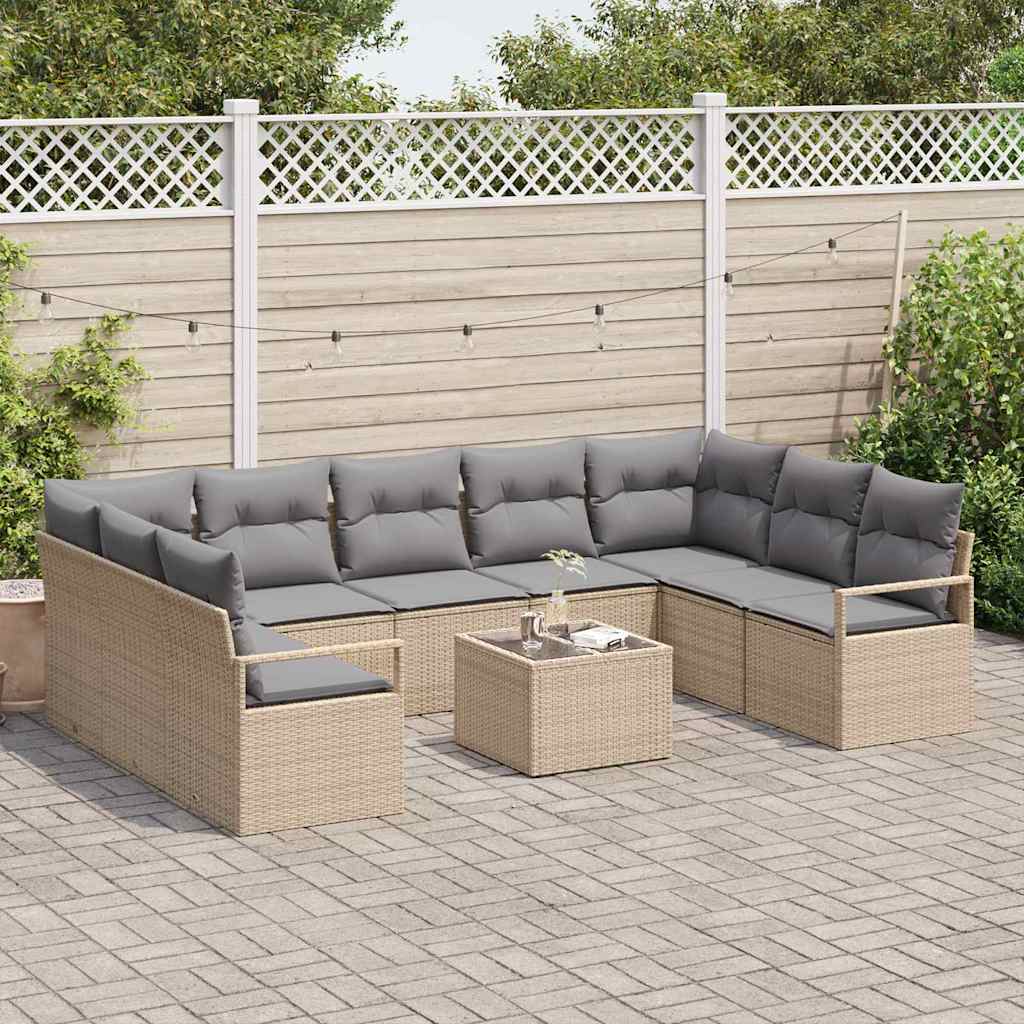 Gartensofa-set mit Kissen 10 pcs Beige und Hellgrau Poly-Rattan