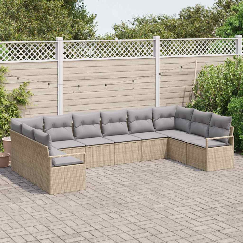 Gartensofa-set mit Kissen 10 pcs Beige und Hellgrau Poly-Rattan