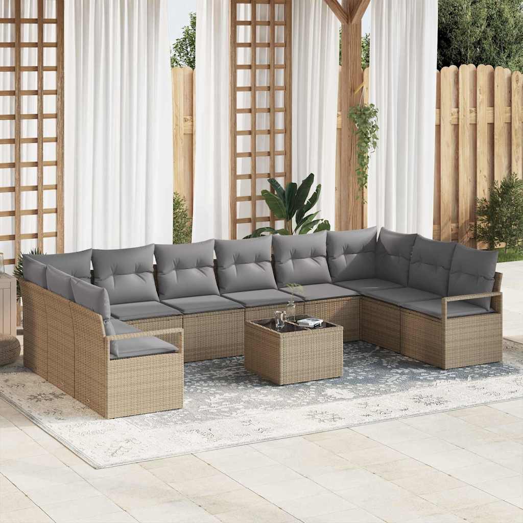 Gartensofa-set mit Kissen 11 pcs Beige und Hellgrau Poly-Rattan