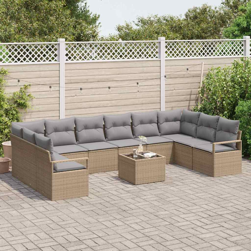 Gartensofa-set mit Kissen 11 pcs Beige und Hellgrau Poly-Rattan