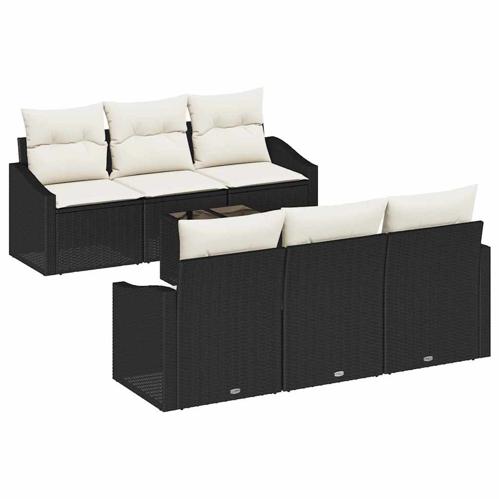 Sofa Set mit Kissen 7 pcs Schwarz und Creme Poly-Rattan