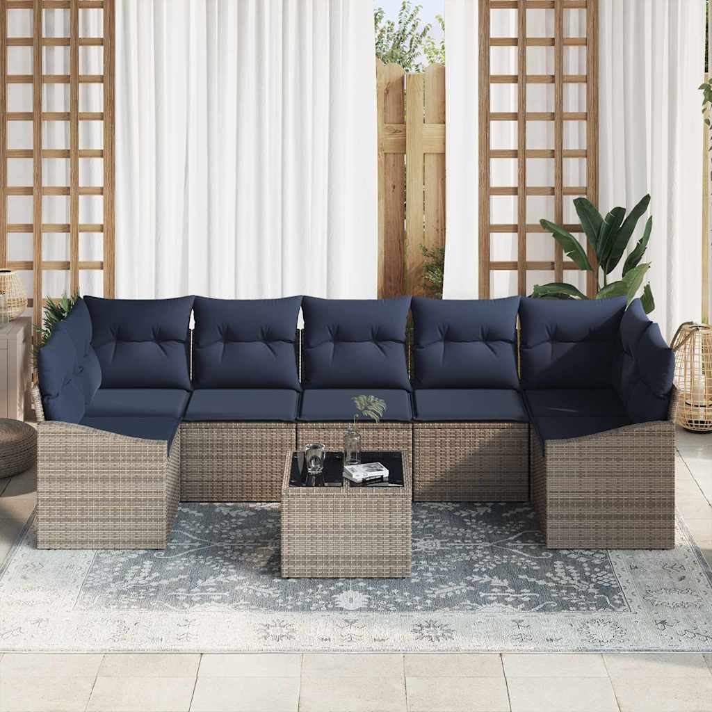 Sofa Set mit Kissen 8 pcs Grau und Marineblau Poly-Rattan
