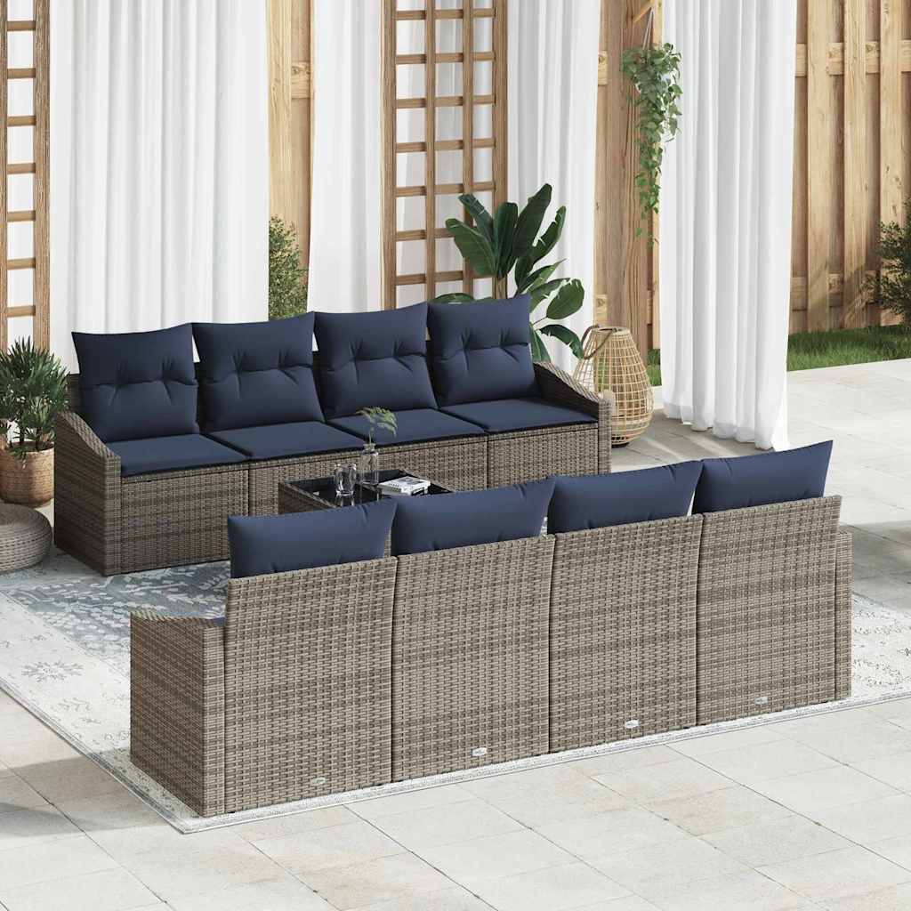 Sofa Set mit Kissen 9 pcs Grau und Marineblau Poly-Rattan
