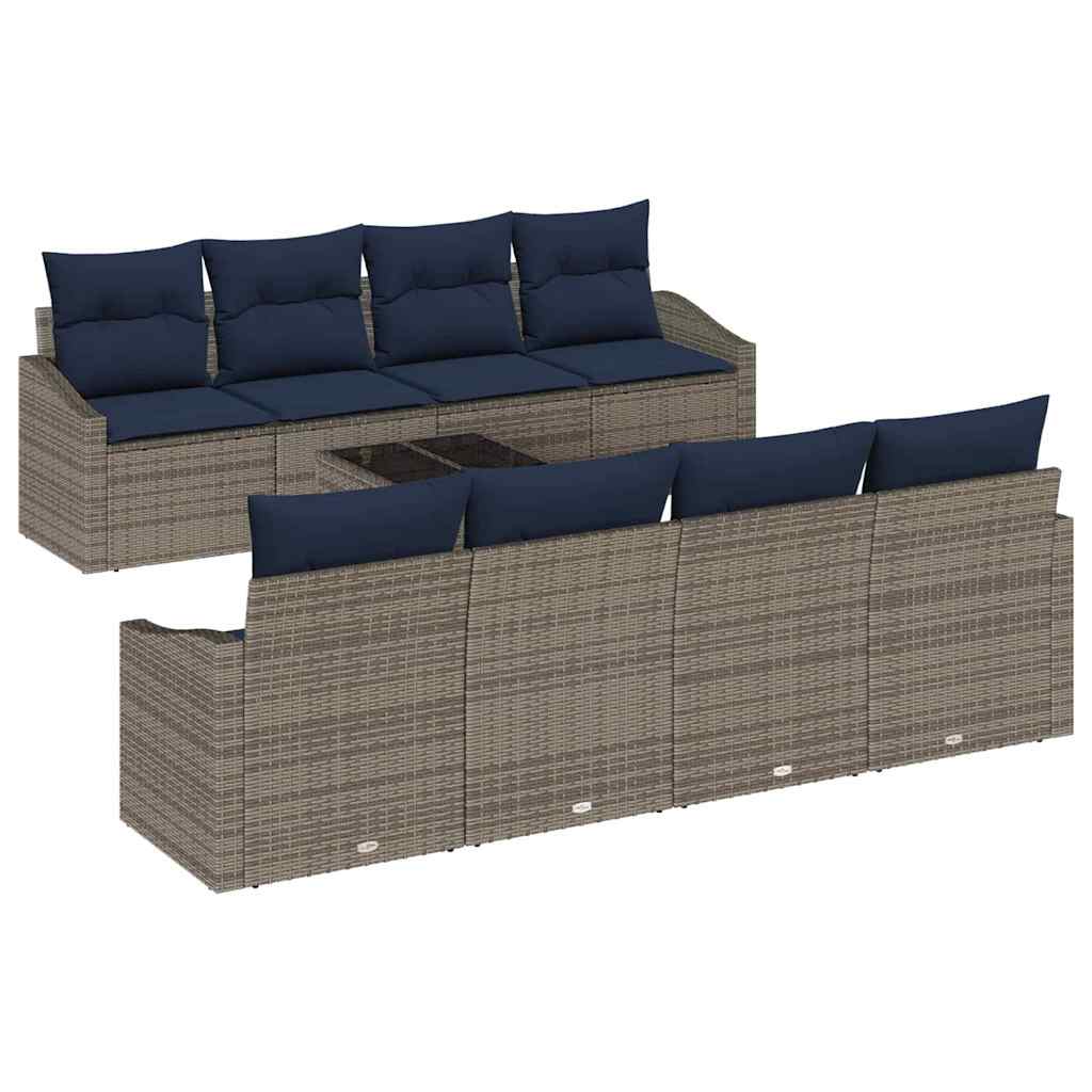 Sofa Set mit Kissen 9 pcs Grau und Marineblau Poly-Rattan