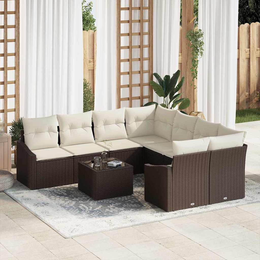 Sofa Set mit Kissen 9 pcs Braun und Creme Poly-Rattan