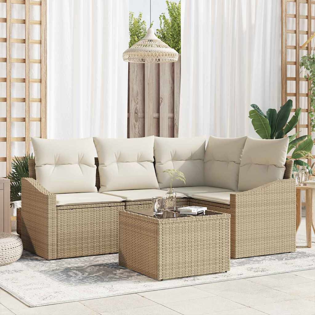 Gartensofa-set mit Kissen 5 pcs Beige und Creme Poly-Rattan