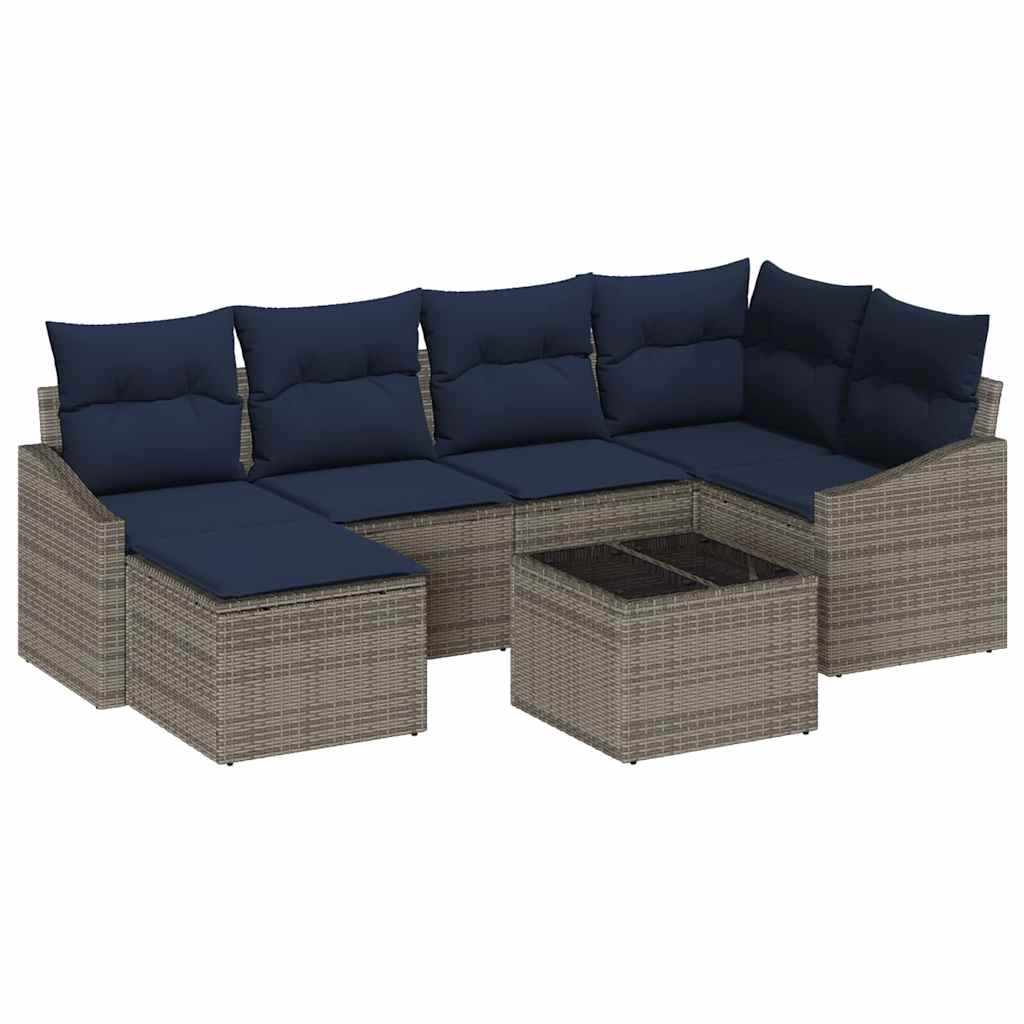 Sofa Set mit Kissen 7 pcs Grau und Marineblau Poly-Rattan