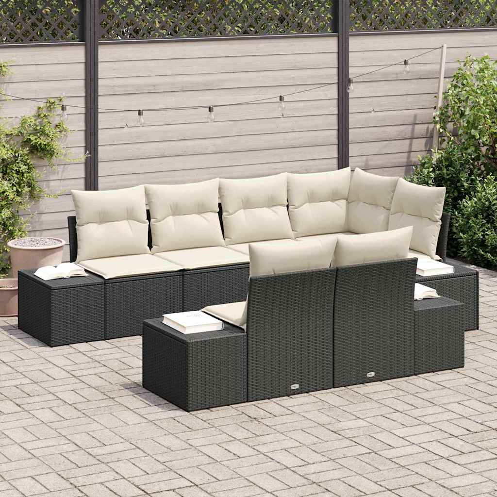 Gartensofa-set mit Speicher 7 pcs Schwarz und Creme Poly-Rattan