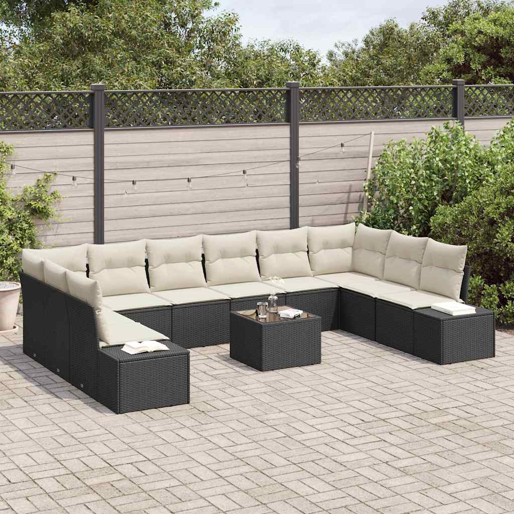 Gartensofa-set mit Kissen 10 pcs Schwarz und Creme Polyrattan