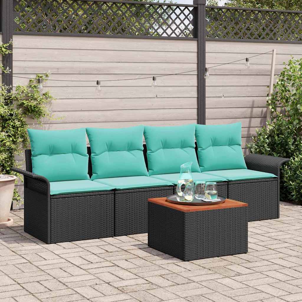 Gartensofa-set 5 pcs Schwarz und Türkis Poly-Rattan