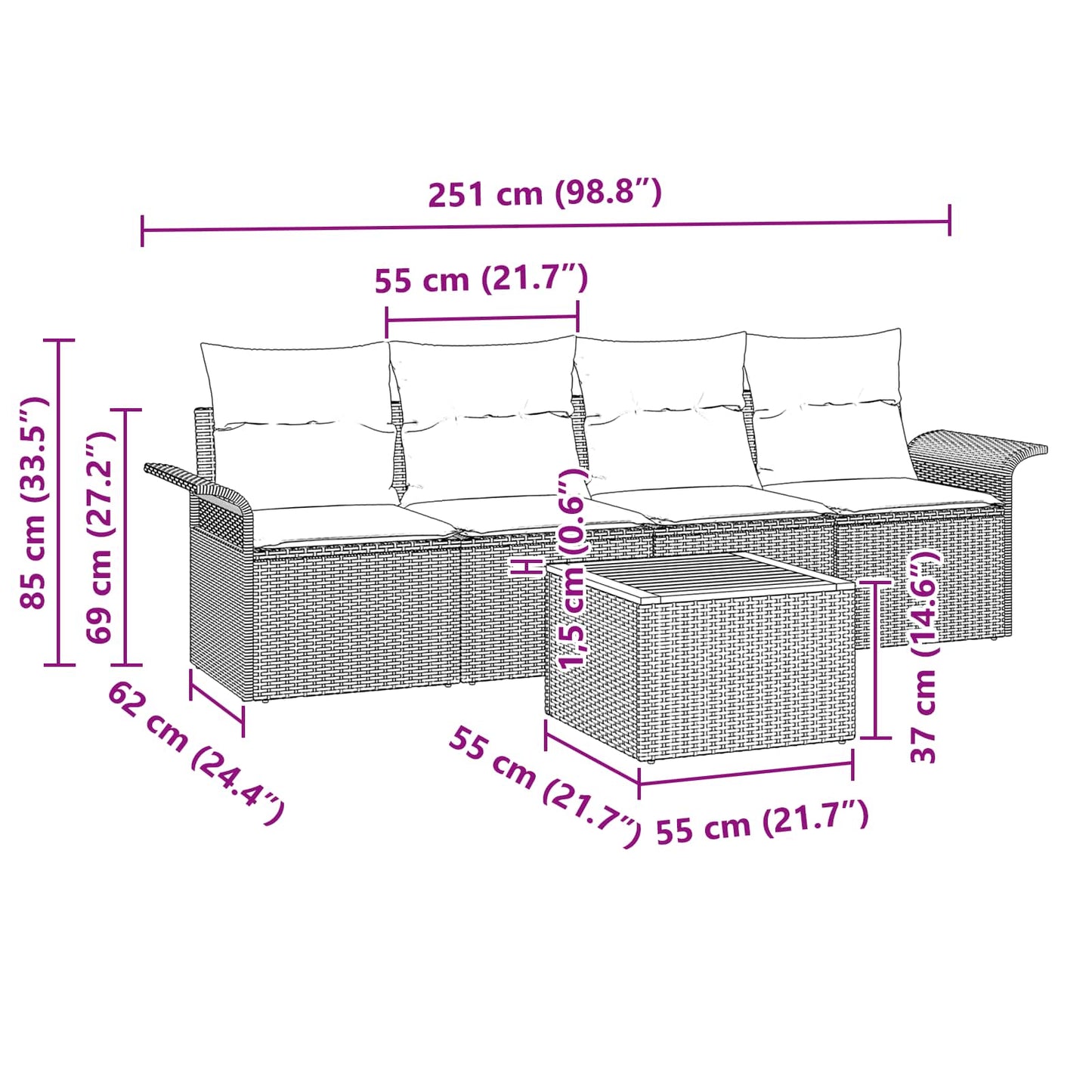 Gartensofa-set 5 pcs Schwarz und Türkis Poly-Rattan