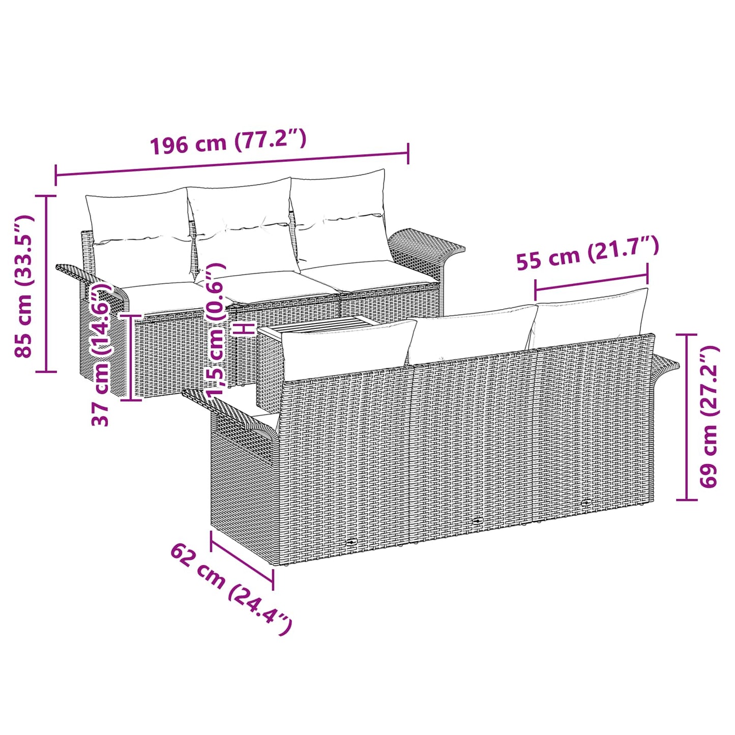 Gartensofa-set 7 pcs Schwarz und Türkis Poly-Rattan