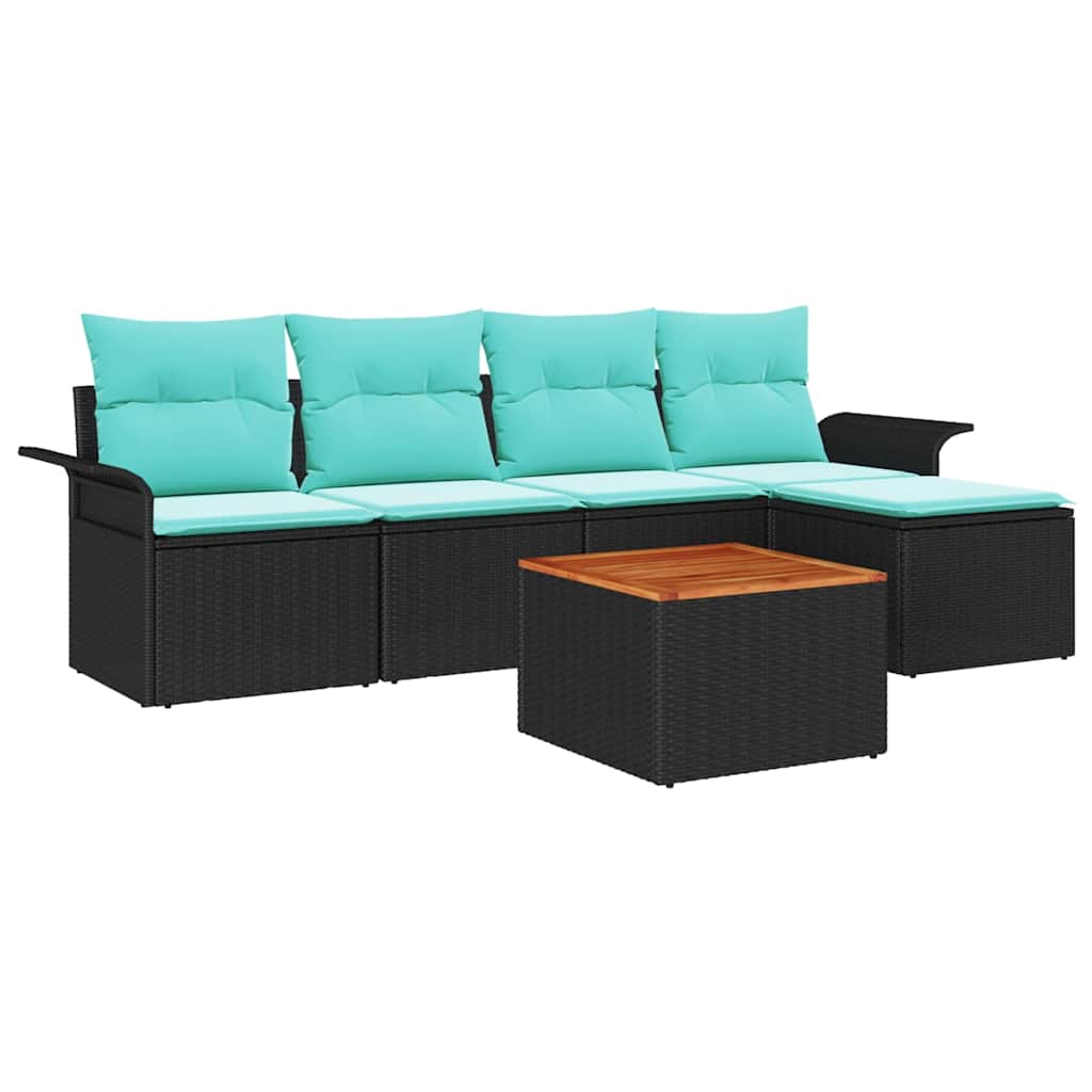 Gartensofa-set 6 pcs Schwarz und Türkis Poly-Rattan