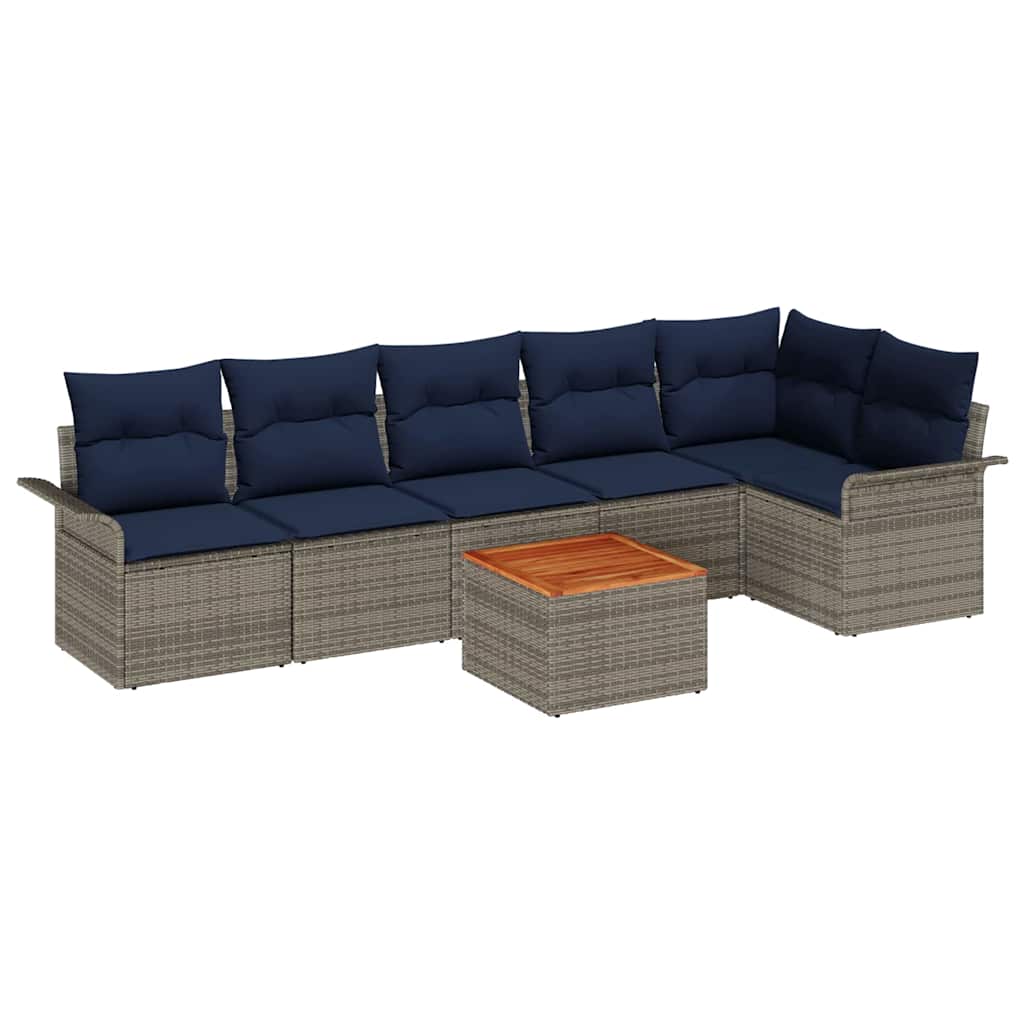 Gartensofa-set 7 pcs Grau und Marineblau Poly-Rattan