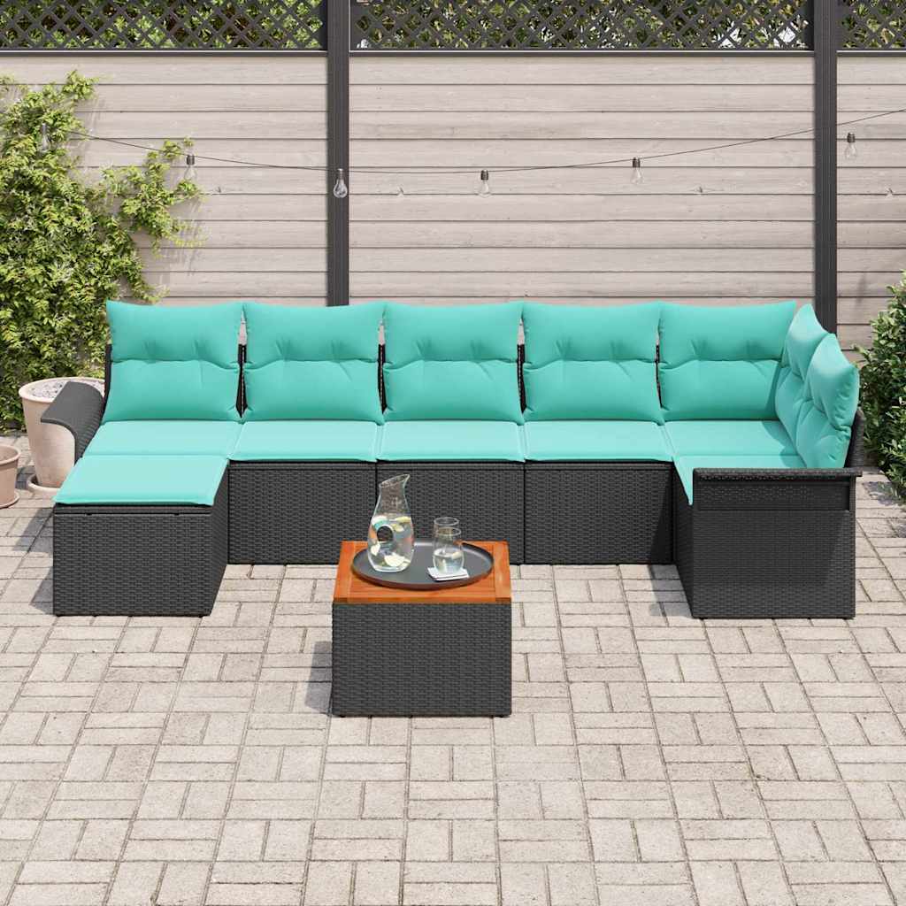 Gartensofa-set 8 pcs Schwarz und Türkis Poly-Rattan