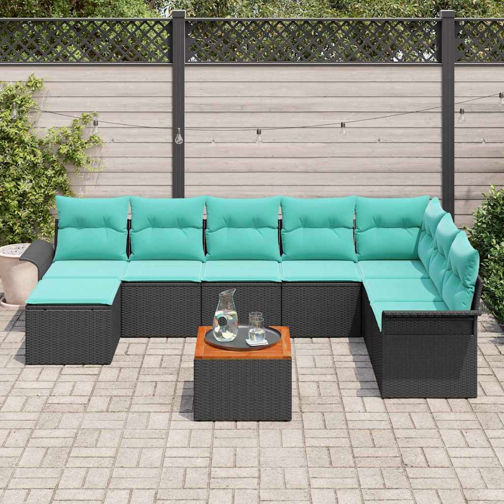 Gartensofa-set 9 pcs Schwarz und Türkis Poly-Rattan