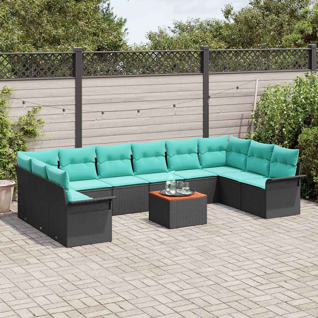 Gartensofa-set 11 pcs Schwarz und Türkis Poly-Rattan