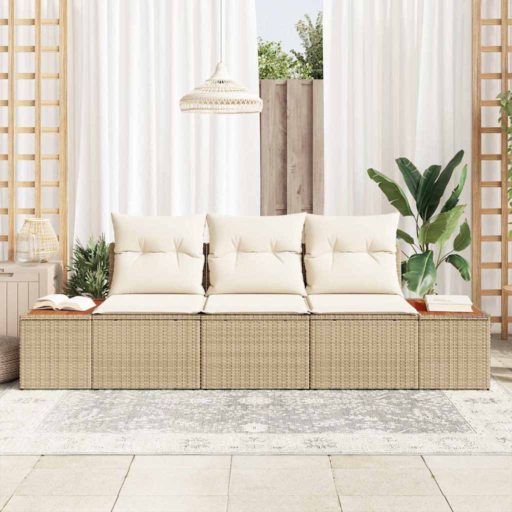 Garten-Sofa-Set mit Speicher 3 pcs Beige und Creme Poly Rattan