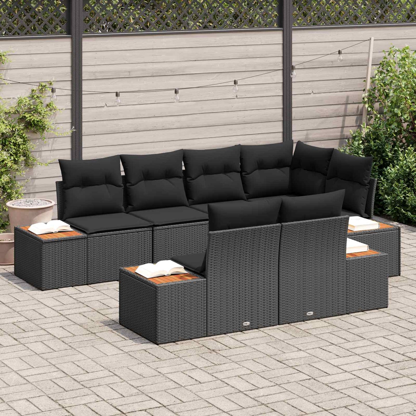 Gartensofa-set mit Kissen mit Speicher 7 pcs Schwarz Polyrattan