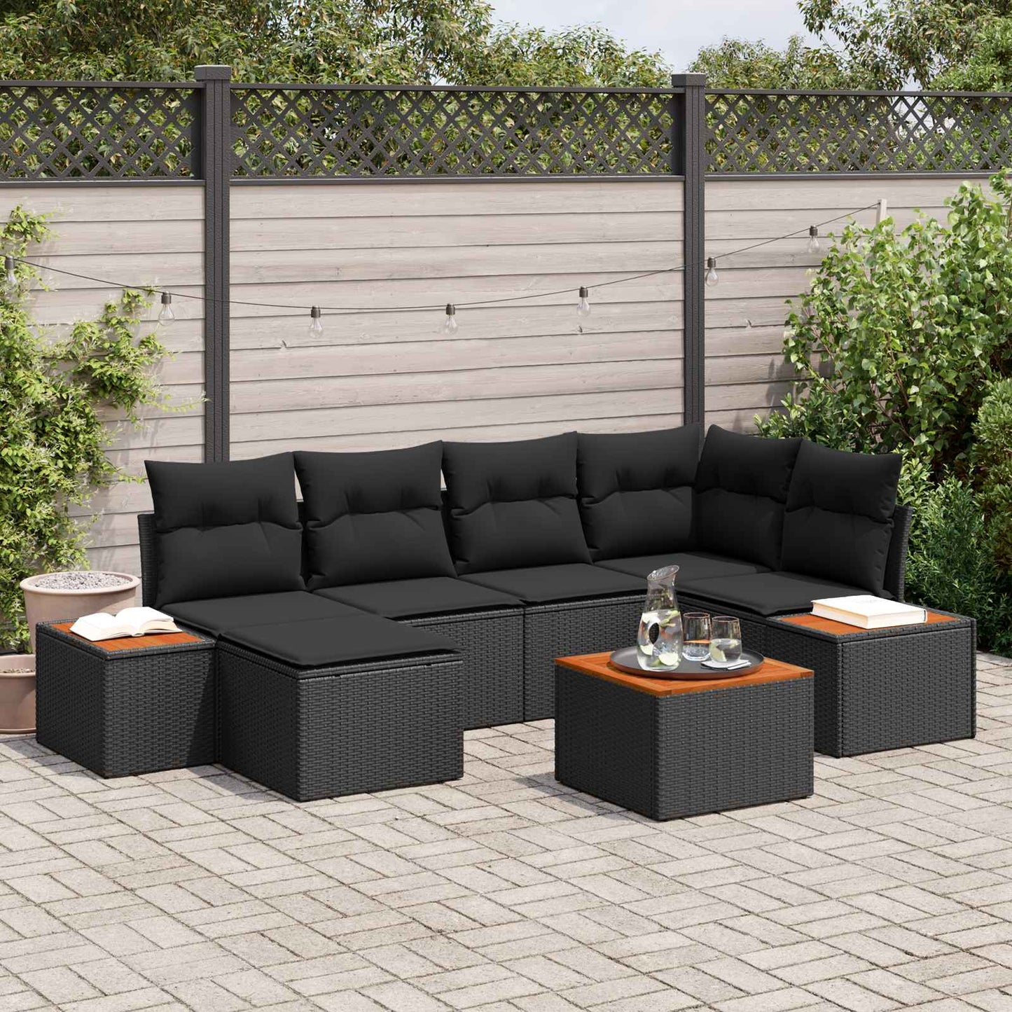 Gartensofa-set mit Kissen mit Speicher 7 pcs Schwarz Polyrattan