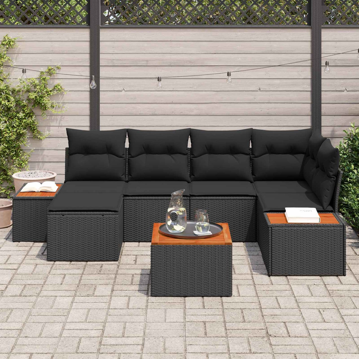 Gartensofa-set mit Kissen mit Speicher 7 pcs Schwarz Polyrattan