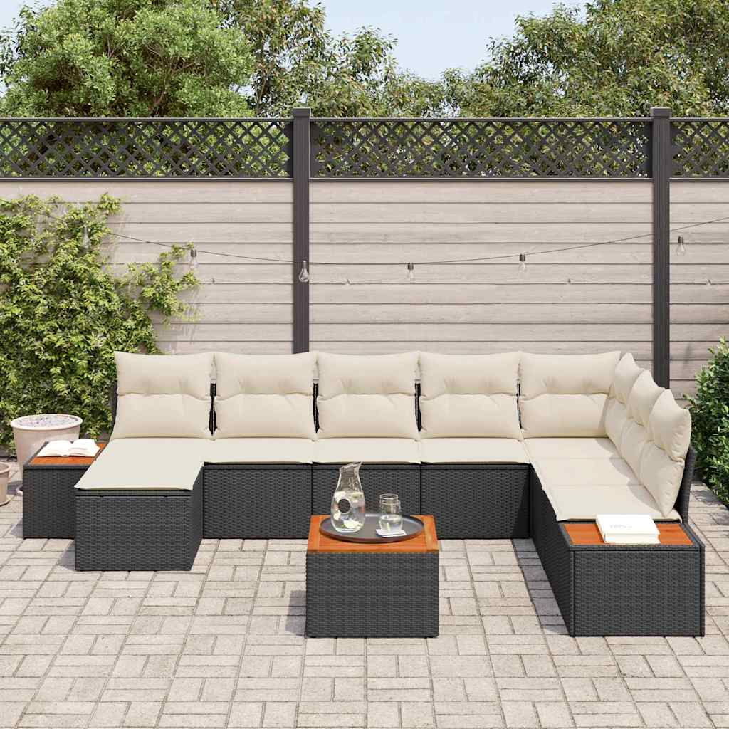 Gartensofa-set mit Kissen 9 pcs Schwarz und Creme Polyrattan