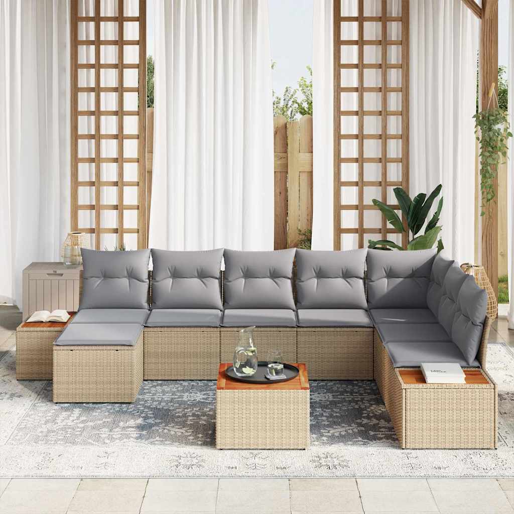 Gartensofa-set mit Kissen 9 pcs Beige und Hellgrau Polyrattan