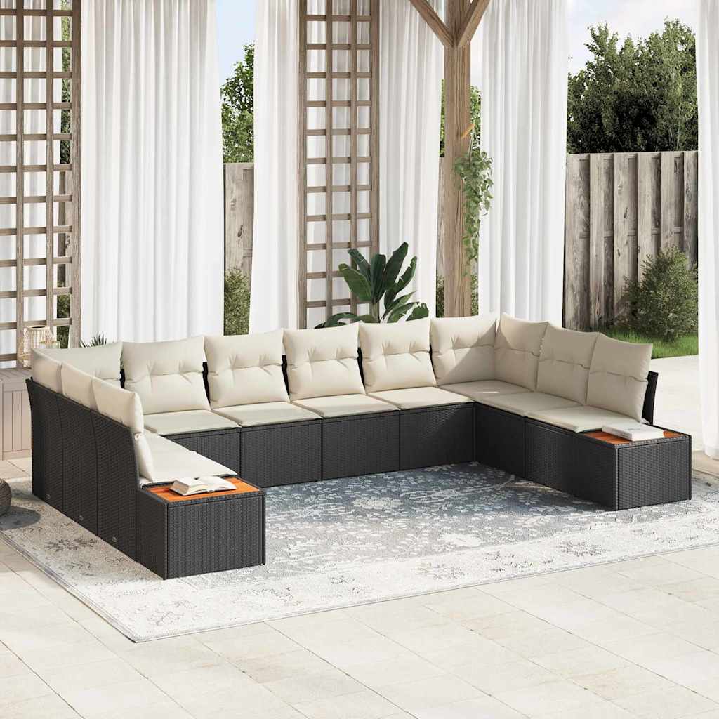 Gartensofa-set mit Kissen 10 pcs Schwarz und Creme Polyrattan