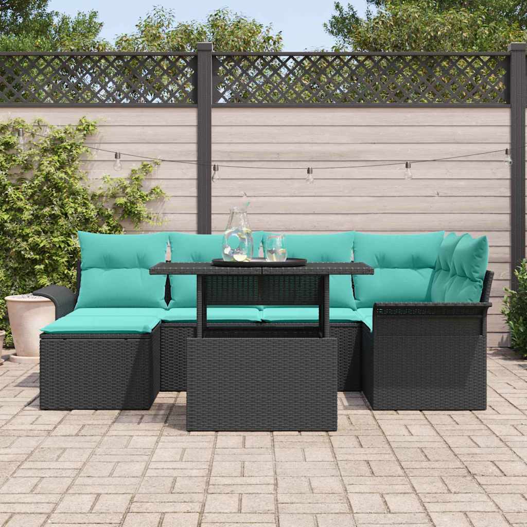 Gartensofa-set mit Kissen 7 pcs Schwarz Poly Rattan