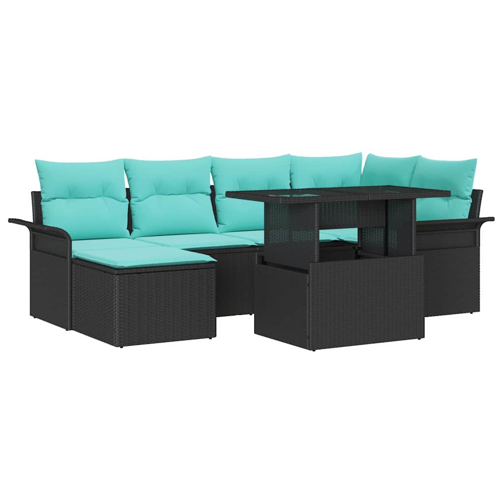 Gartensofa-set mit Kissen 7 pcs Schwarz Poly Rattan
