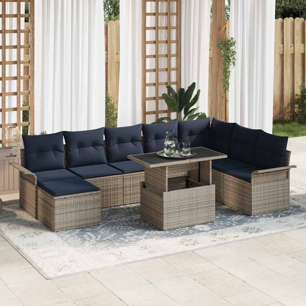 Gartensofa-set mit Kissen 9 pcs Grau Poly Rattan
