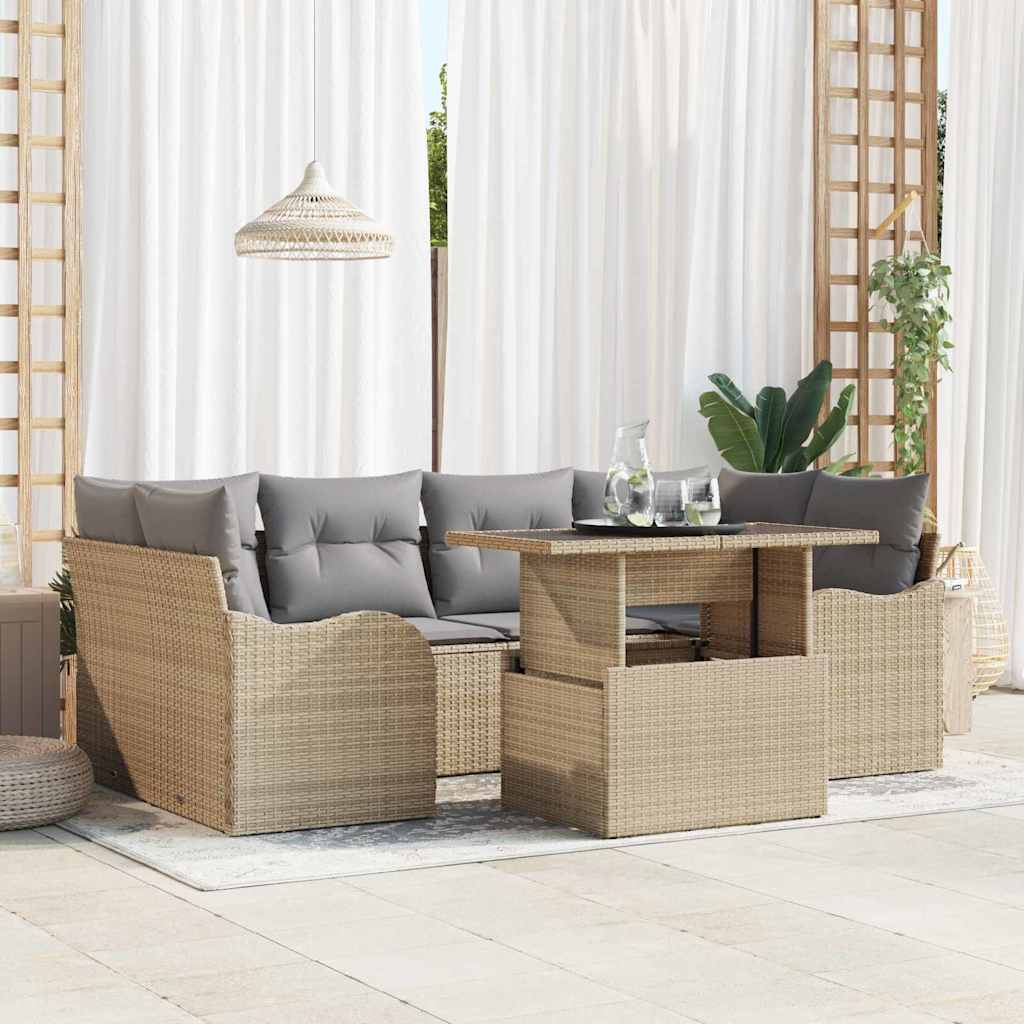 Gartensofa-set mit Kissen mit Speicher 7 pcs Beige Poly Rattan