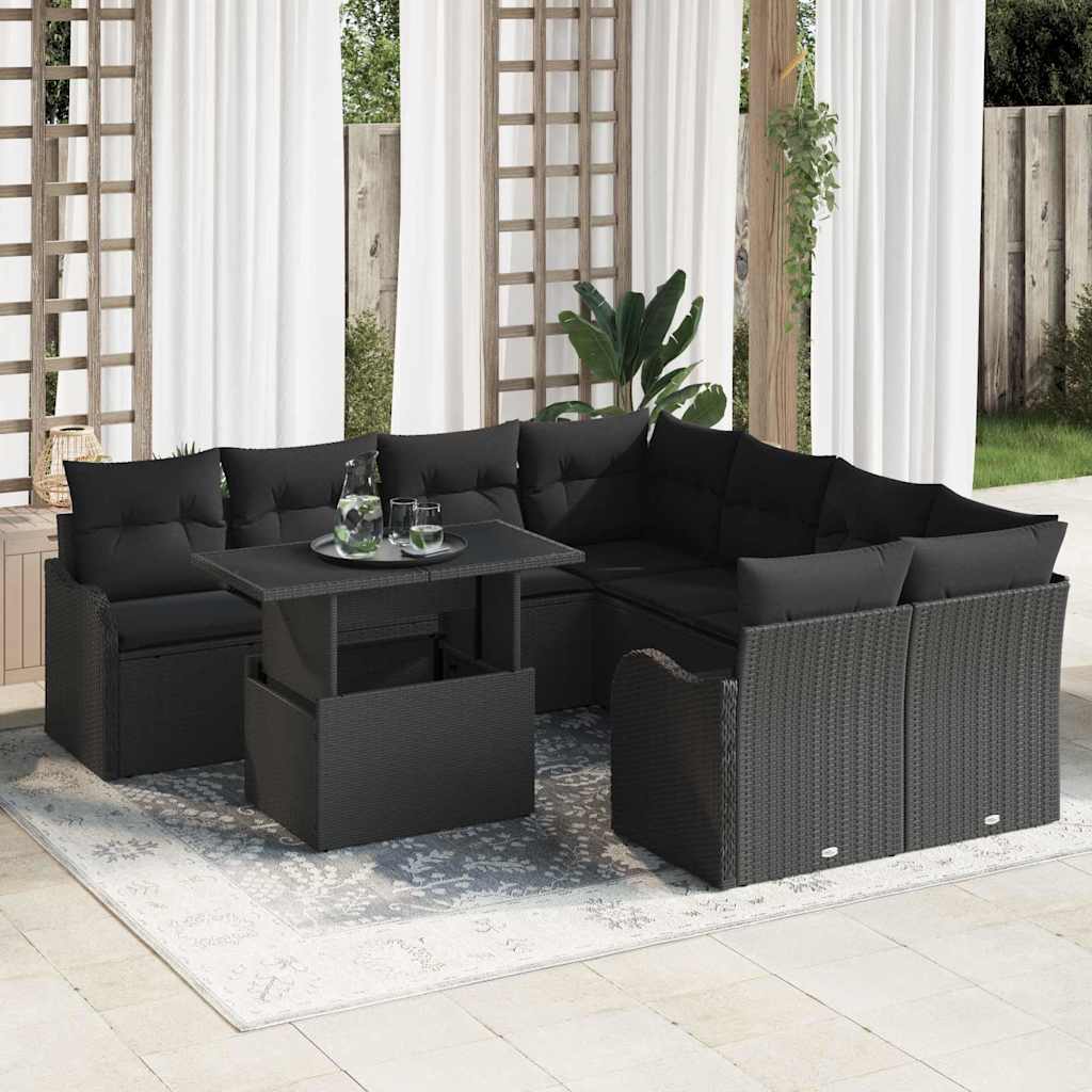Gartensofa-set mit Kissen mit Kissen 9 pcs Schwarz Polyrattan