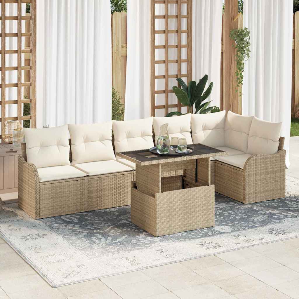 Gartensofa-set mit Kissen mit Kissen 7 pcs Beige Poly Rattan