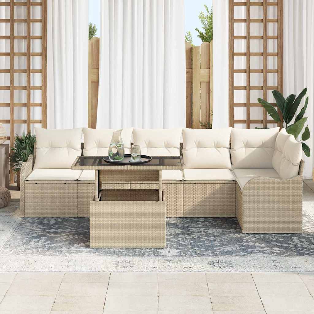 Gartensofa-set mit Kissen mit Kissen 7 pcs Beige Poly Rattan