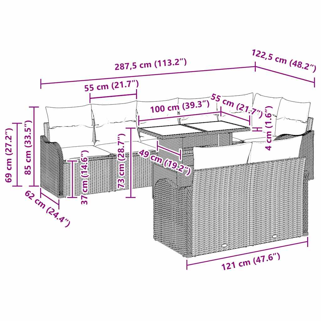 Garten-Sofa-Set mit Kissen mit Kissen 9 pcs Braun Poly Rattan