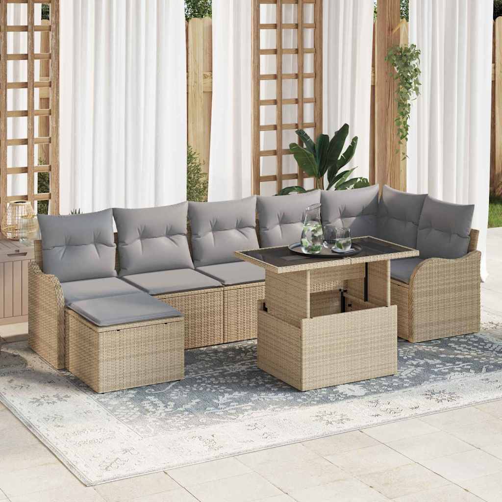 Garten-Sofa-Set mit Kissen mit Speicher 8 pcs Beige Poly Rattan
