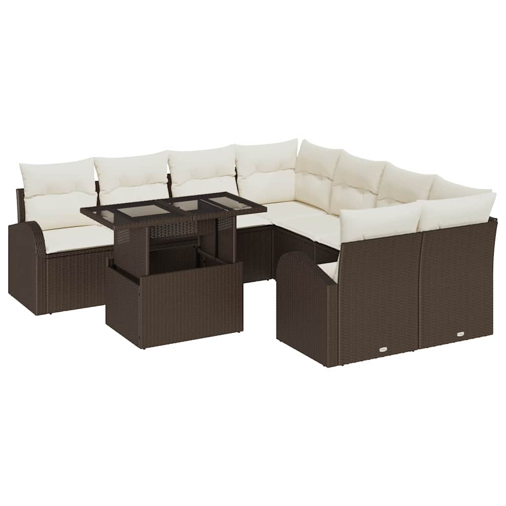 Garten-Sofa-Set mit Kissen mit Speicher 9 pcs Braun Poly Rattan