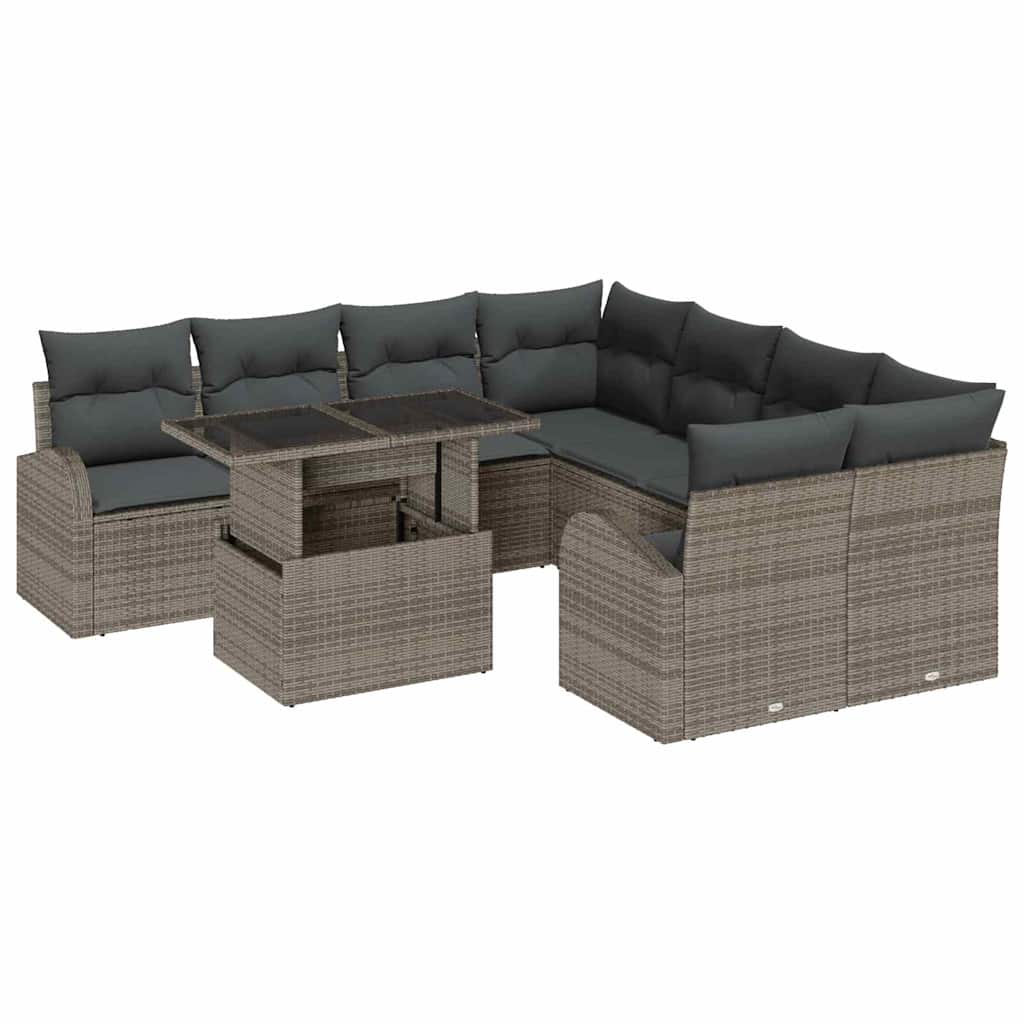 Garten-Sofa-Set mit Kissen mit Speicher 9 pcs Grau Poly Rattan