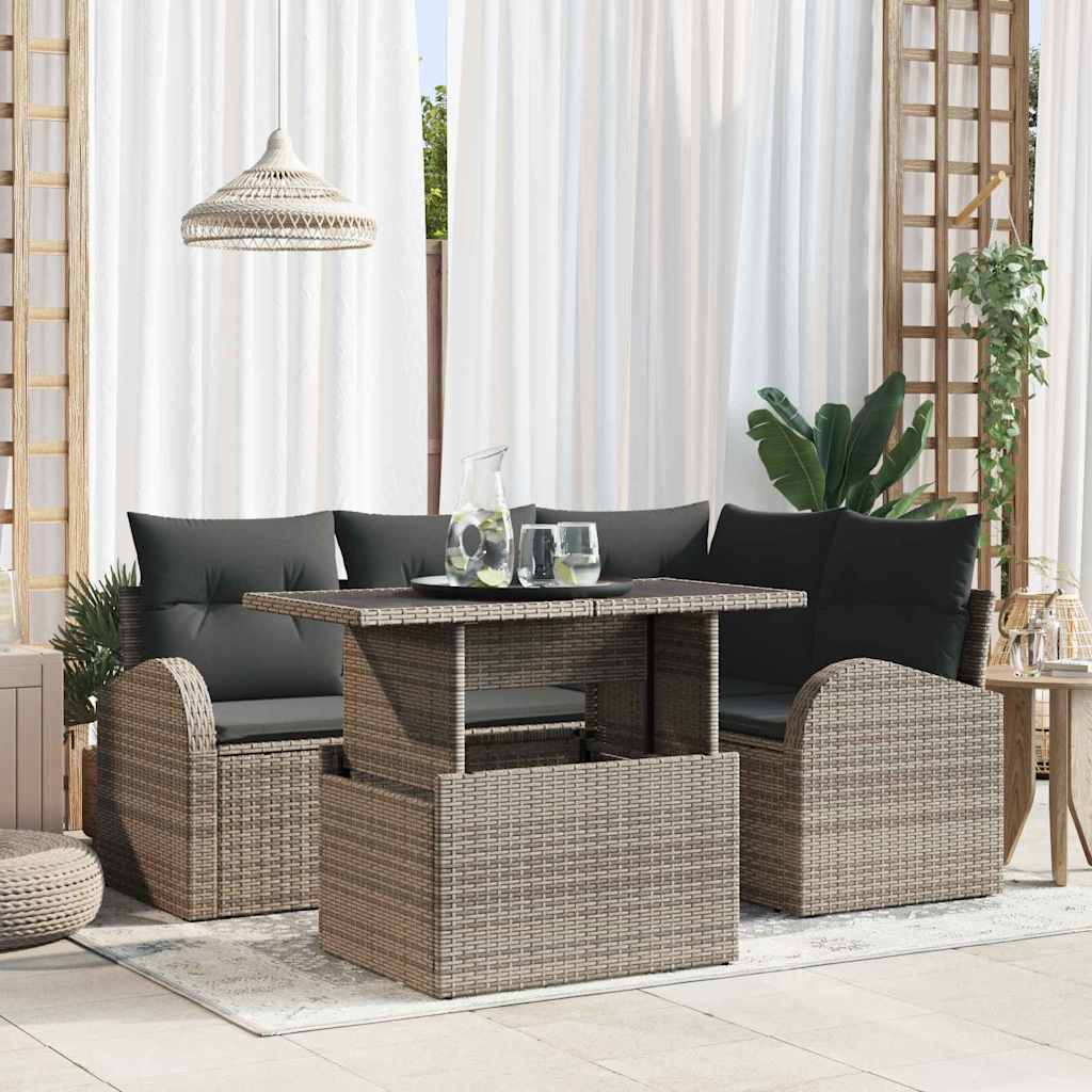 Gartensofa-set mit Kissen mit Speicher 5 pcs Grau Poly Rattan