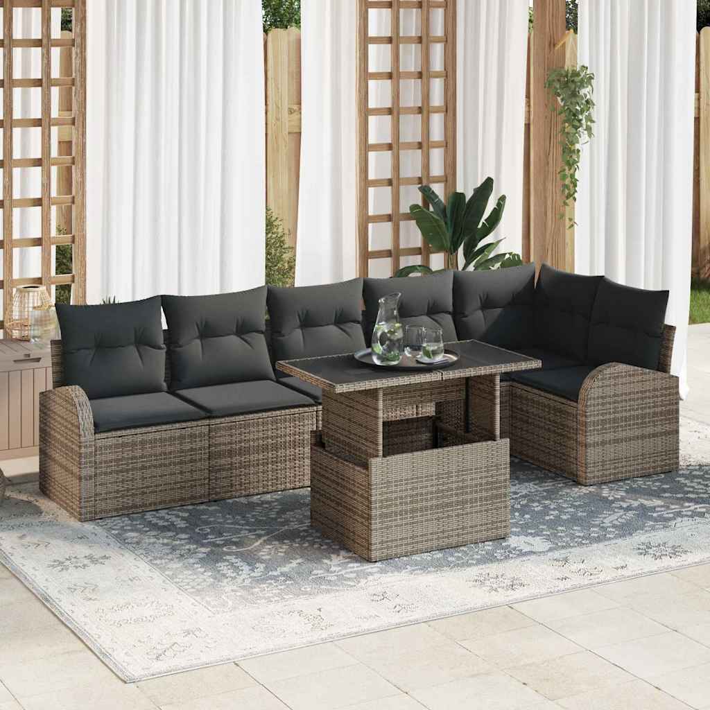 Gartensofa-set mit Kissen mit Speicher 7 pcs Grau Poly Rattan