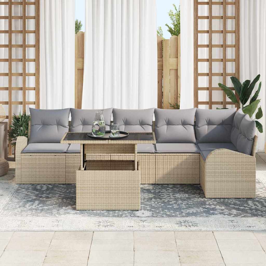 Gartensofa-set mit Kissen mit Speicher 7 pcs Beige Poly Rattan
