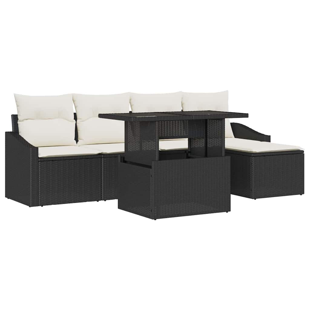 Garten-Sofa-Set mit Kissen 6 pcs Schwarz und Creme Poly-Rattan