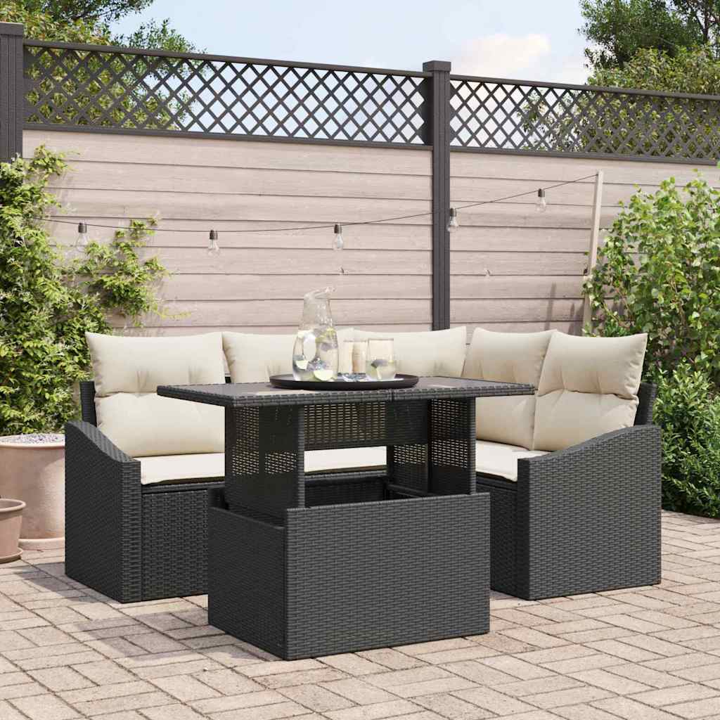 Garten-Sofa-Set mit Kissen mit Speicher 5 pcs Schwarz und Creme