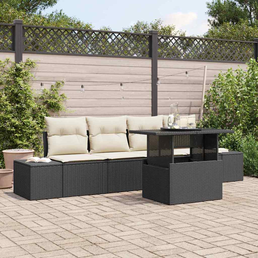 Garten-Sofa-Set mit Kissen mit Speicher 5 pcs Schwarz und Creme