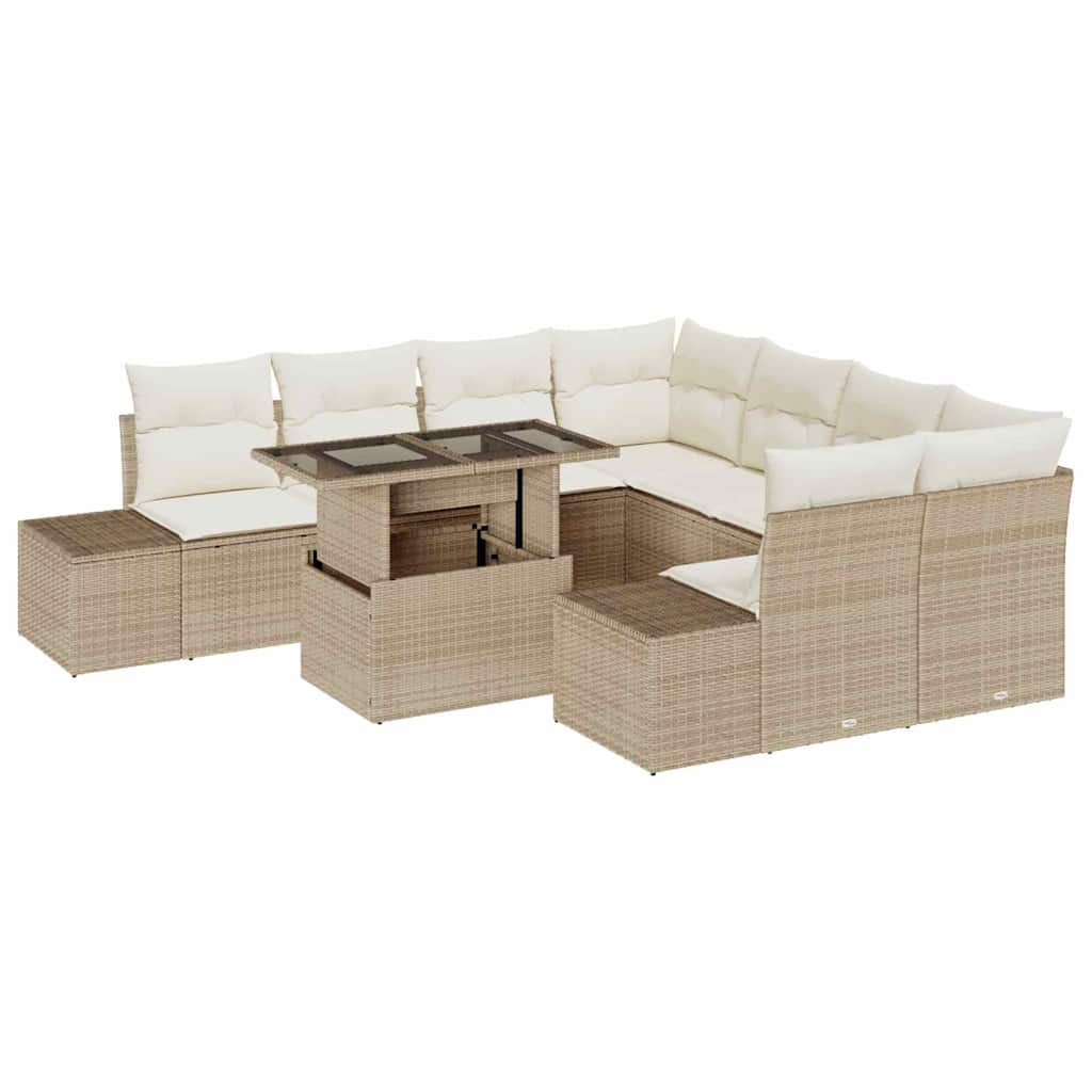 Gartensofa-set mit Kissen 9 pcs Beige und Creme Poly-Rattan