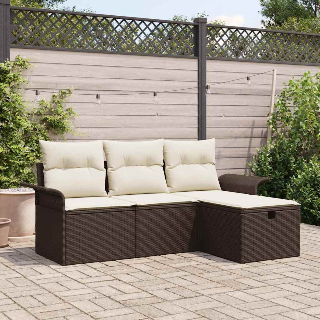 Gartensofa-set mit Kissen 4 pcs Braun und Creme Poly-Rattan