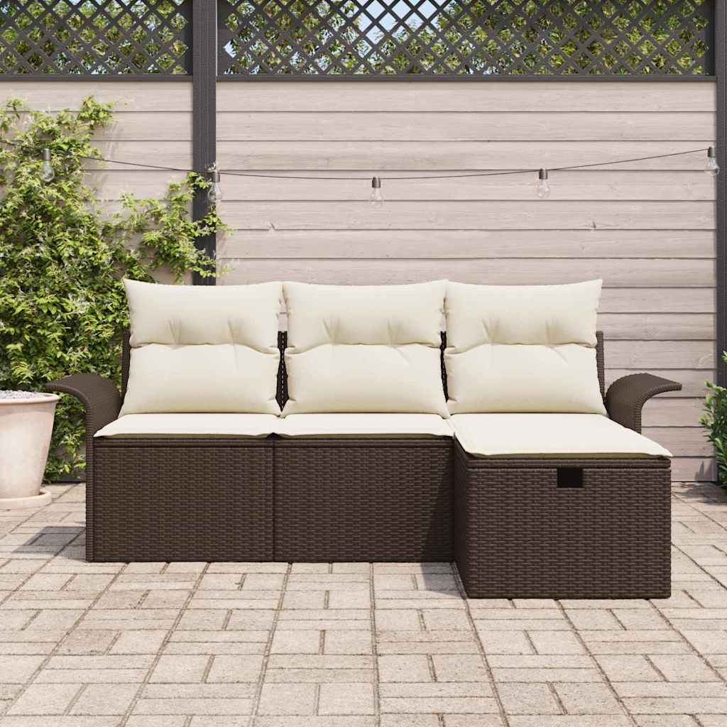 Gartensofa-set mit Kissen 4 pcs Braun und Creme Poly-Rattan