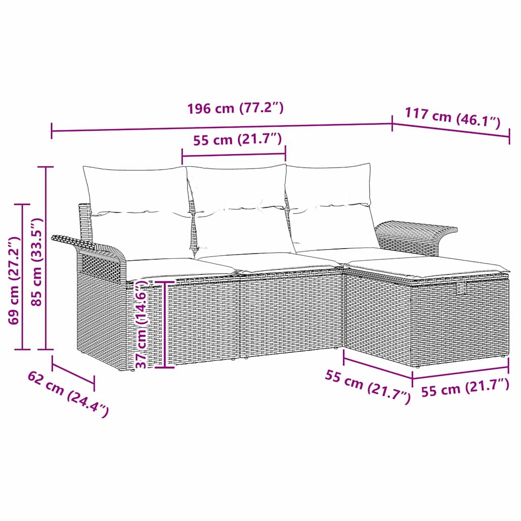 Gartensofa-set mit Kissen 4 pcs Beige und Hellgrau Poly-Rattan